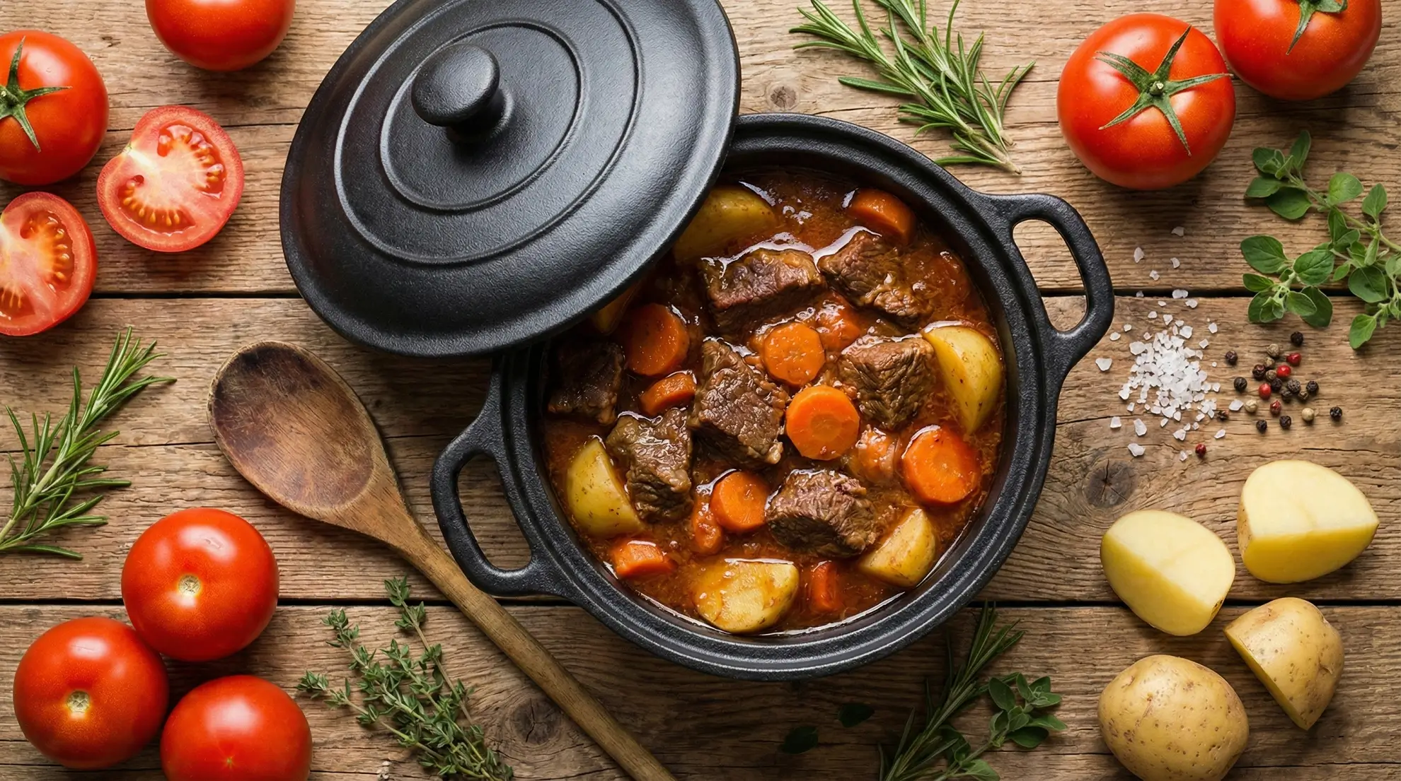 Cook beef stew with tomatoes and potatoes in a clay pot